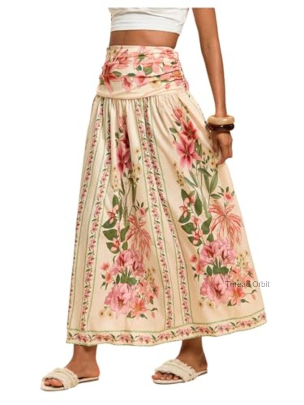 Boho Floral Maxi Skirt High Waisted A-Line Shirred Flowy Vacation